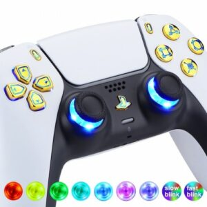 Mehrfarbig beleuchtete D-Pad Thumbsticks Share Option Home Face Buttons, Glossy Chrome Gold Klassische Symbole Buttons DTF LED Kit für PS5 Controller 7 Farben 9 Modi Touch Control